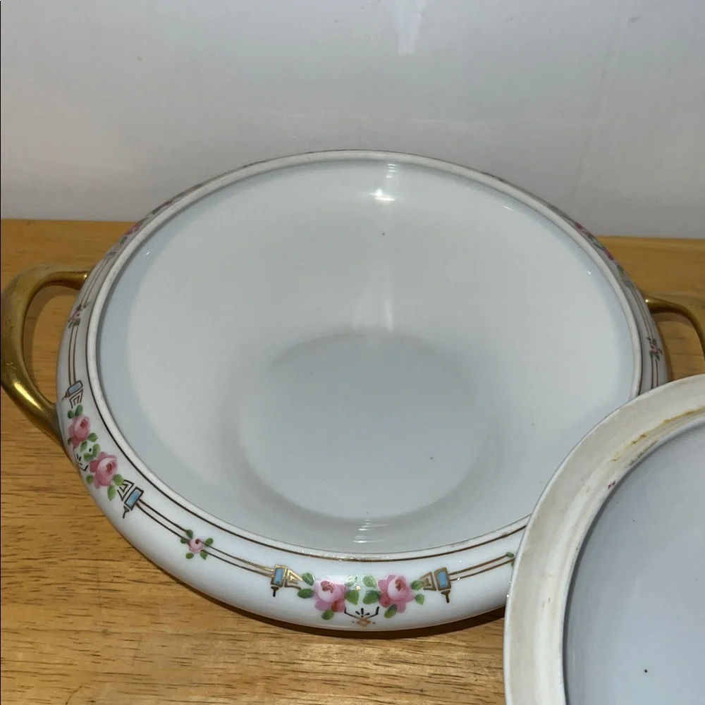 Antique Nippon Porcelain Elegant Floral Lidded Serving Dish with Gold Accents